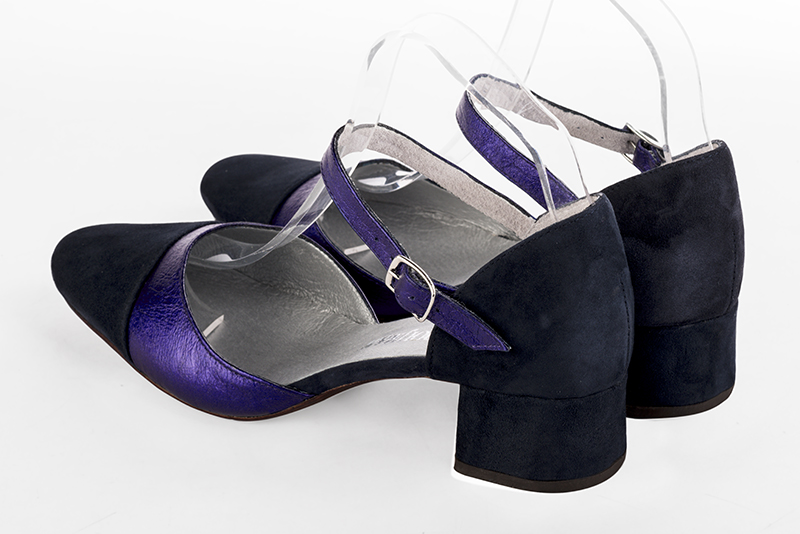 Matt black and violet purple women's open side shoes, with an instep strap. Round toe. Low flare heels. Rear view - Florence KOOIJMAN